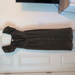 Abound Midi Dress Tie Front Crepe Gauze Puff Sleeve Smocked Olive Burnt S NWT